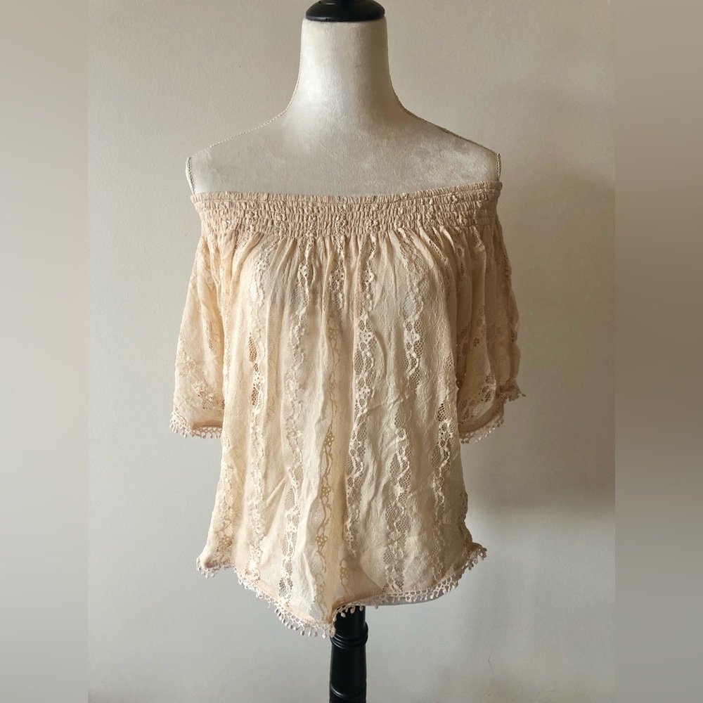 Tan Zara Lace Off the Shoulder Blouse, Size M